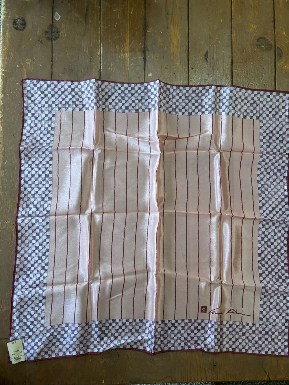 Vintage Anne Klein Silk Scarf w/ pink striped design and checkerboard border